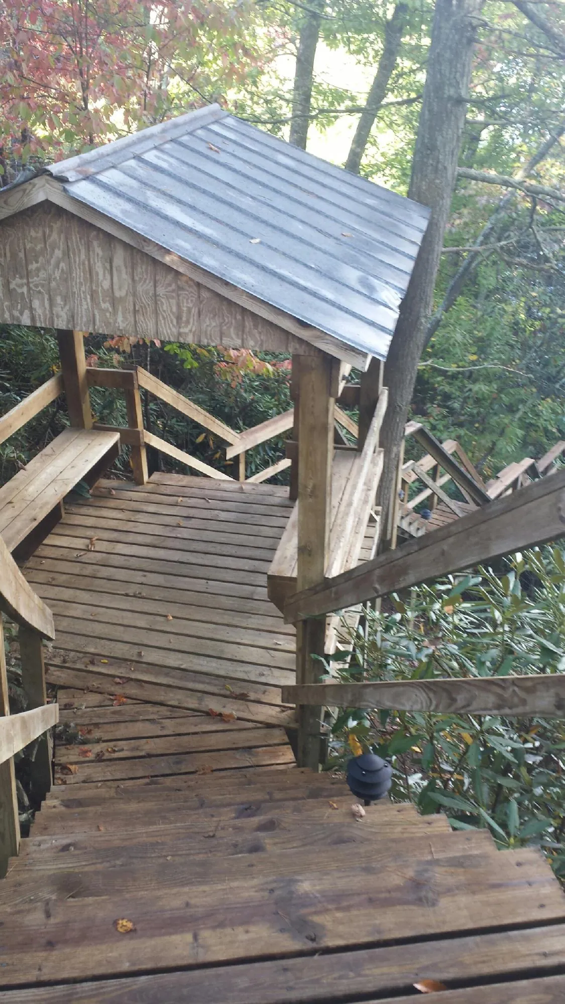 Metal roofed shelter over wooden steps on a wooded walkway — Skylight Repair & Installation work by our crew in Lake Dallas