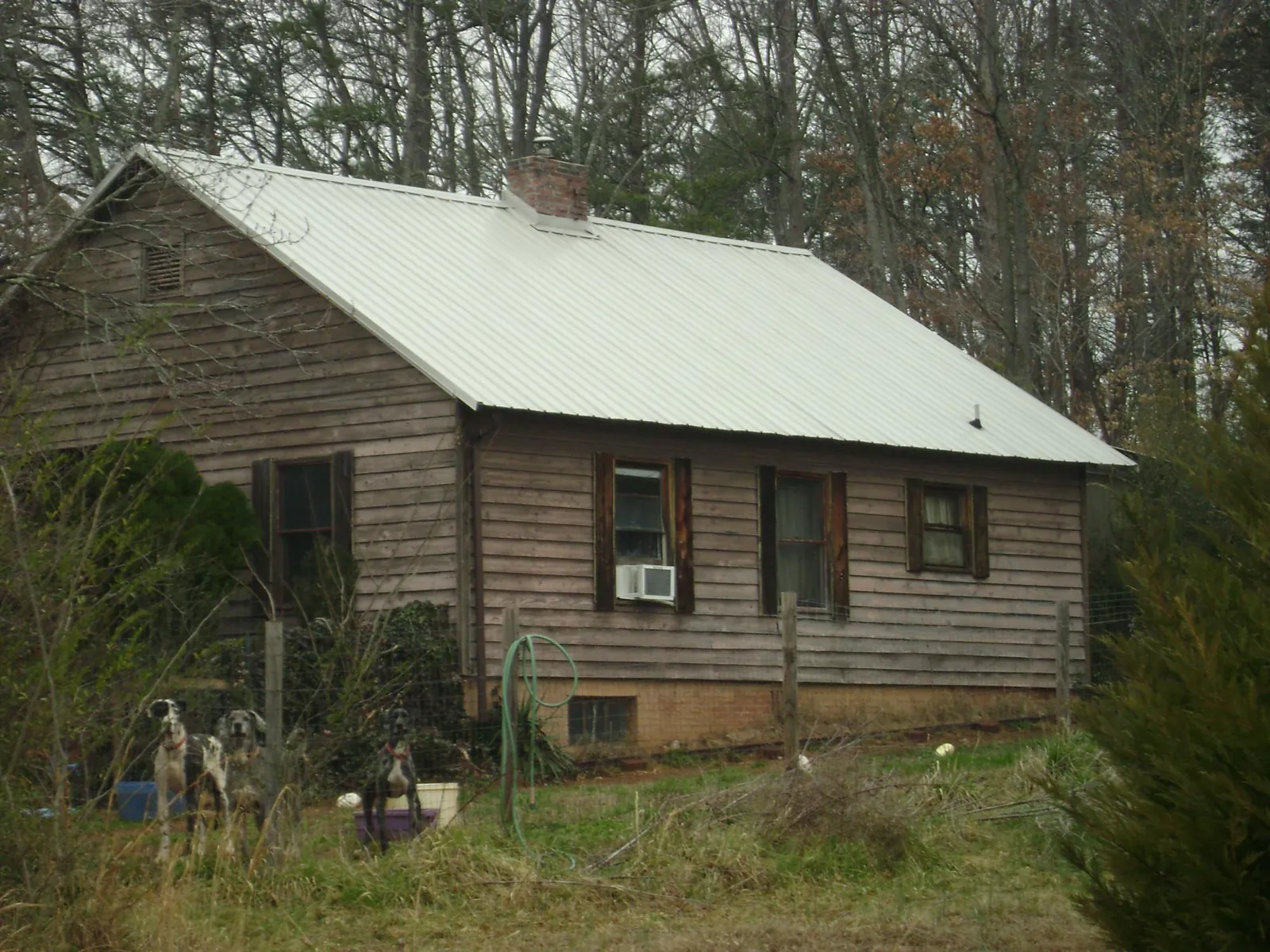 White metal roof on an old wood sided farmhouse, from a Asphalt Shingle Roof Repair job in Lake Dallas